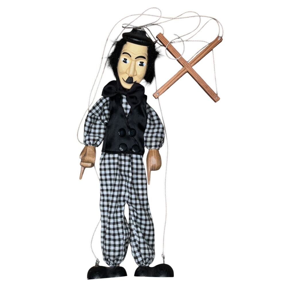 Vintage Hand Carved Wooden Charlie Chaplin Marionette Puppet Folk Art 17.5”